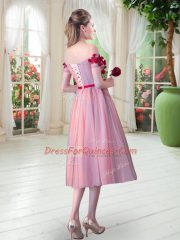 Cheap Turquoise A-line Off The Shoulder Sleeveless Tulle Tea Length Lace Up Appliques Prom Party Dress