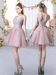 Fantastic Pink V-neck Lace Up Appliques Court Dresses for Sweet 16 Sleeveless
