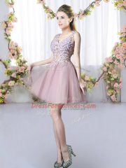 Fantastic Pink V-neck Lace Up Appliques Court Dresses for Sweet 16 Sleeveless