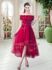 Off The Shoulder Short Sleeves Evening Dress High Low Appliques Red Tulle