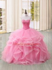 Pink Ball Gowns Tulle Sweetheart Sleeveless Beading and Ruffles Lace Up Quinceanera Gown Sweep Train