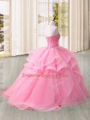 Pink Ball Gowns Tulle Sweetheart Sleeveless Beading and Ruffles Lace Up Quinceanera Gown Sweep Train