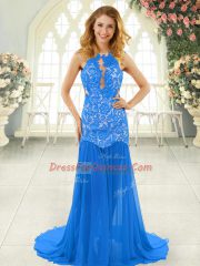 Blue Prom Party Dress Scoop Sleeveless Brush Train Backless