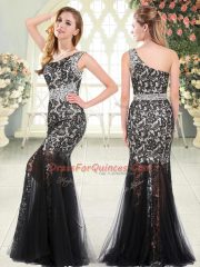 Glittering Black One Shoulder Neckline Beading and Lace Prom Party Dress Sleeveless Zipper