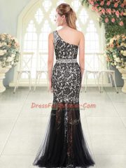 Glittering Black One Shoulder Neckline Beading and Lace Prom Party Dress Sleeveless Zipper
