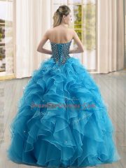 Blue Sleeveless Floor Length Beading and Ruffles Lace Up Quinceanera Dresses