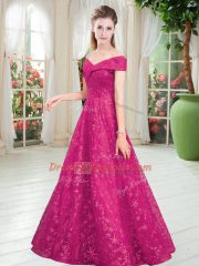 Lace Off The Shoulder Sleeveless Lace Up Beading Dress for Prom in Fuchsia