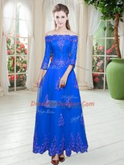 A-line Juniors Party Dress Royal Blue Off The Shoulder Tulle 3 4 Length Sleeve Floor Length Lace Up