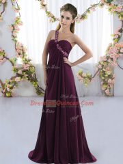 Custom Fit Sleeveless Chiffon Brush Train Lace Up Vestidos de Damas in Dark Purple with Beading