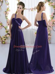 Comfortable Purple One Shoulder Neckline Beading Court Dresses for Sweet 16 Sleeveless Lace Up