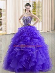 Floor Length Lace Up Quinceanera Gowns Purple for Military Ball and Sweet 16 and Quinceanera with Beading and Ruffles