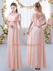 Great Floor Length Pink Dama Dress Scoop Short Sleeves Zipper