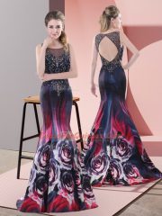 Ideal Multi-color Mermaid Printed Scoop Sleeveless Beading Backless Dress for Prom Sweep Train