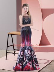 Ideal Multi-color Mermaid Printed Scoop Sleeveless Beading Backless Dress for Prom Sweep Train
