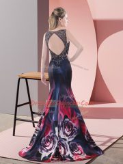 Ideal Multi-color Mermaid Printed Scoop Sleeveless Beading Backless Dress for Prom Sweep Train
