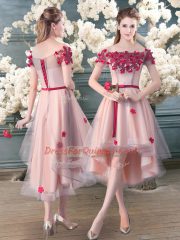 Colorful Off The Shoulder Short Sleeves Lace Up Prom Dress Pink Tulle