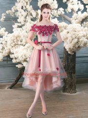 Colorful Off The Shoulder Short Sleeves Lace Up Prom Dress Pink Tulle