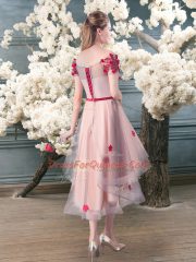 Colorful Off The Shoulder Short Sleeves Lace Up Prom Dress Pink Tulle