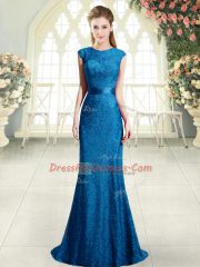 Artistic Blue Backless Scoop Beading and Lace Prom Dresses Cap Sleeves Sweep Train