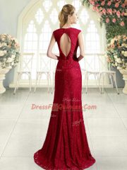 Artistic Blue Backless Scoop Beading and Lace Prom Dresses Cap Sleeves Sweep Train