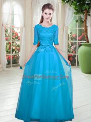 Custom Designed Tulle Scoop Half Sleeves Lace Up Lace in Blue