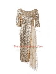 Gorgeous Half Sleeves Knee Length Belt Zipper Evening Dress with Gold