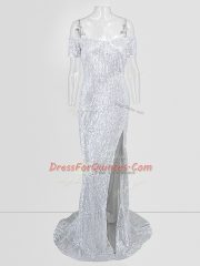 Romantic Silver Mermaid Sequins Dress for Prom Short Sleeves