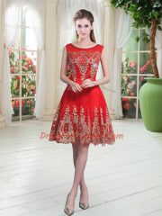 Sleeveless Tulle Knee Length Zipper Evening Dress in Red with Beading and Appliques
