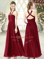 Charming Sleeveless Chiffon Floor Length Backless Prom Gown in Burgundy with Ruching