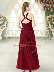 Charming Sleeveless Chiffon Floor Length Backless Prom Gown in Burgundy with Ruching