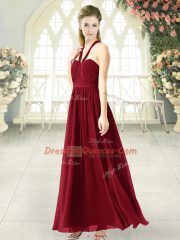Charming Sleeveless Chiffon Floor Length Backless Prom Gown in Burgundy with Ruching