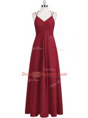 Eye-catching Floor Length Wine Red Prom Dresses Chiffon Sleeveless Ruching