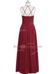 Eye-catching Floor Length Wine Red Prom Dresses Chiffon Sleeveless Ruching
