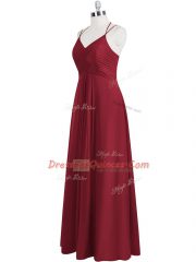 Eye-catching Floor Length Wine Red Prom Dresses Chiffon Sleeveless Ruching