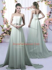 Decent Apple Green Quinceanera Dama Dress Chiffon Brush Train Sleeveless Beading