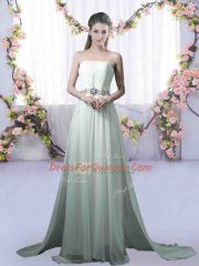 Decent Apple Green Quinceanera Dama Dress Chiffon Brush Train Sleeveless Beading