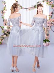 Fitting Off The Shoulder Half Sleeves Zipper Damas Dress Grey Tulle