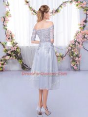 Fitting Off The Shoulder Half Sleeves Zipper Damas Dress Grey Tulle
