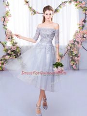 Fitting Off The Shoulder Half Sleeves Zipper Damas Dress Grey Tulle