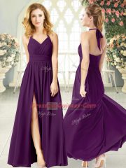 Chic Purple Halter Top Backless Ruching Sleeveless