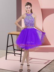 Sleeveless Organza Knee Length Backless Homecoming Dress in Purple with Beading