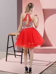 Sleeveless Organza Knee Length Backless Homecoming Dress in Purple with Beading