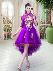 Purple Half Sleeves Appliques High Low Prom Dresses