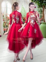 A-line Evening Dress Red High-neck Tulle Half Sleeves High Low Zipper