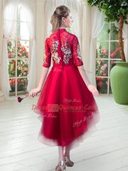 A-line Evening Dress Red High-neck Tulle Half Sleeves High Low Zipper