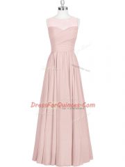 Baby Pink A-line Ruching Prom Evening Gown Zipper Chiffon Sleeveless Floor Length