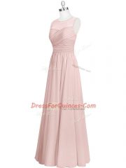 Baby Pink A-line Ruching Prom Evening Gown Zipper Chiffon Sleeveless Floor Length