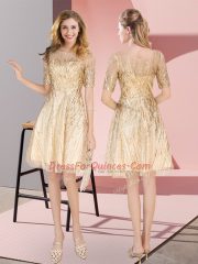 Popular Knee Length A-line Half Sleeves Gold Prom Evening Gown Zipper