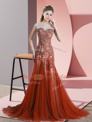 Elegant Rust Red A-line Tulle Scoop Sleeveless Beading Backless Sweep Train