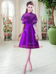 Clearance Cap Sleeves Satin Knee Length Lace Up in Eggplant Purple with Ruffled Layers